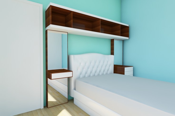 walnut bookshelf unit with white lacquer drawers