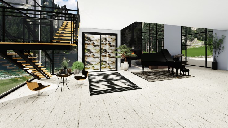 Lake House Entrance with onix and steel frame door