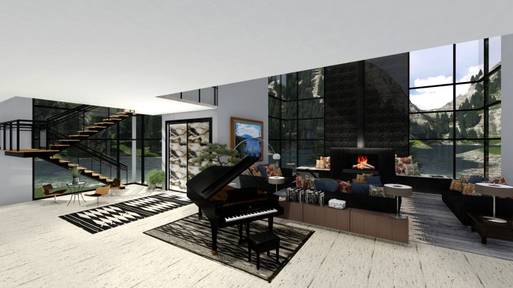 Lake House Entrance and Sitting Room and piano