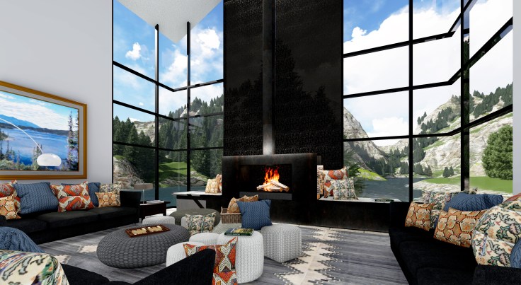 Lake House Sitting Room with Litrcacon see-through concrete wall